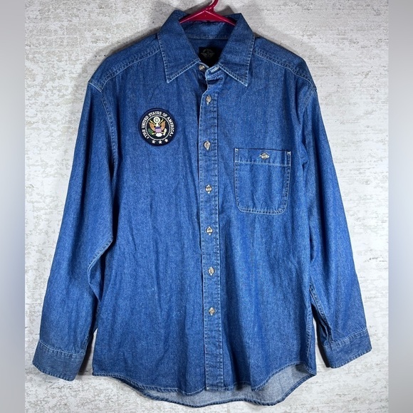 America First DOCKERS Denim Button Up Shirt W/USA Patch Size Medium - Picture 1 of 12